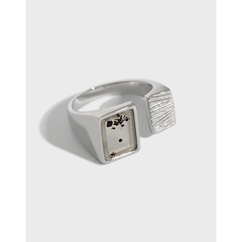 Statement Square Natural Agate 925 Sterling Silver Adjustable Ring