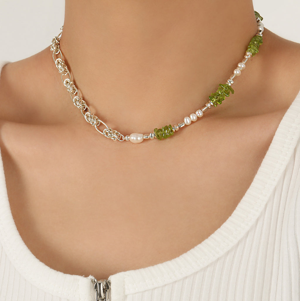 Natural Pearl Peridot Sweet Patchwork Necklace, 18k