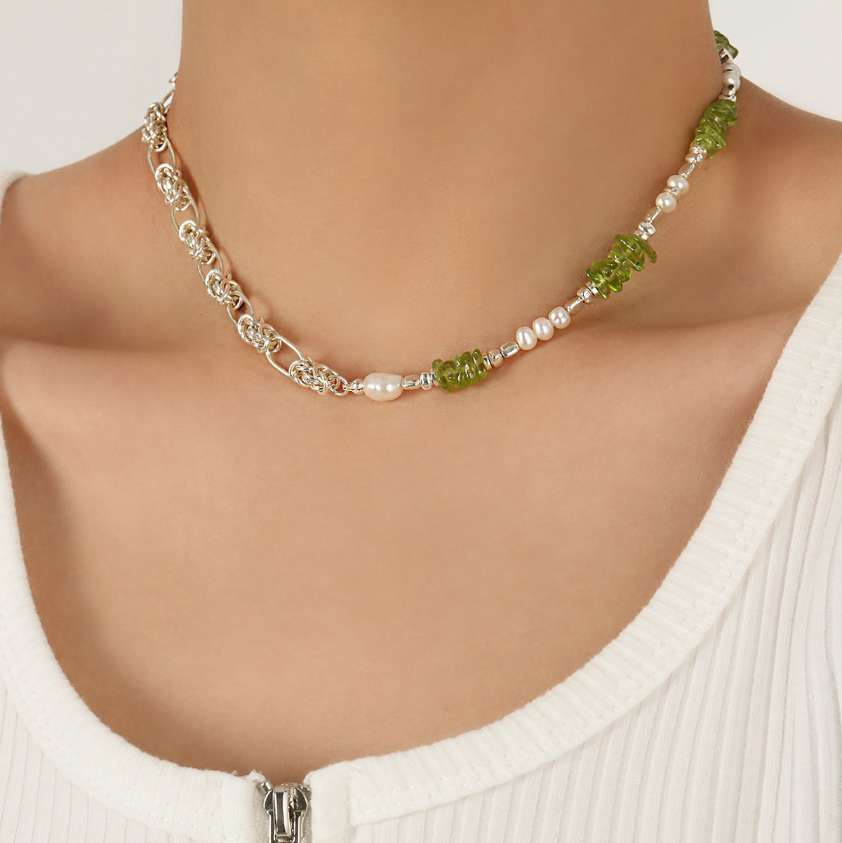 Stunning 925 Sterling Silver Necklace with Natural Pearl Peridot Fashion Forward Sweet Patchwork