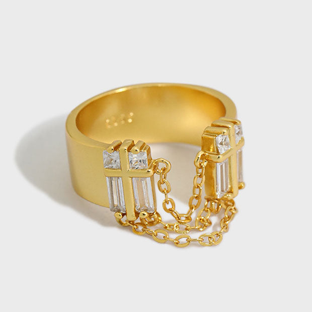 Unique Chunky Chain Tassels with Cubic Zirconia Stone 925 Sterling Silver Adjustable Ring