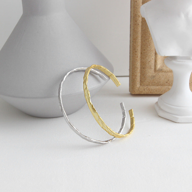 925 Sterling Silver Concave Open Bangle - Rhodium/18K Yellow Gold Plated