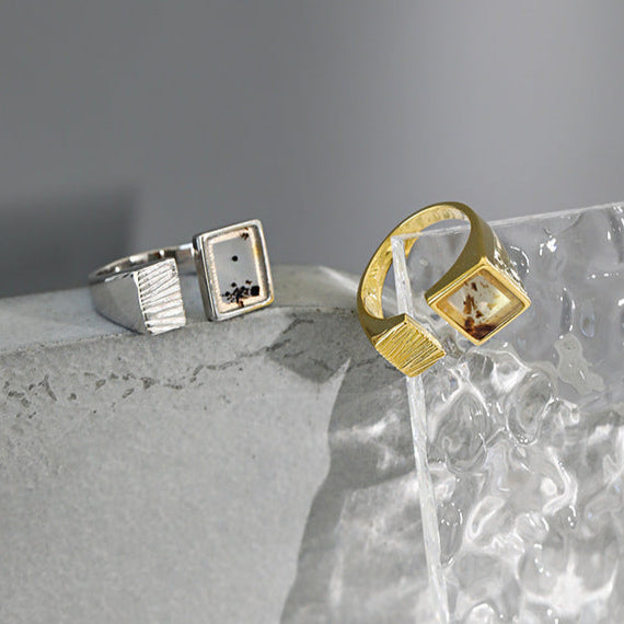 Statement Square Natural Agate 925 Sterling Silver Adjustable Ring