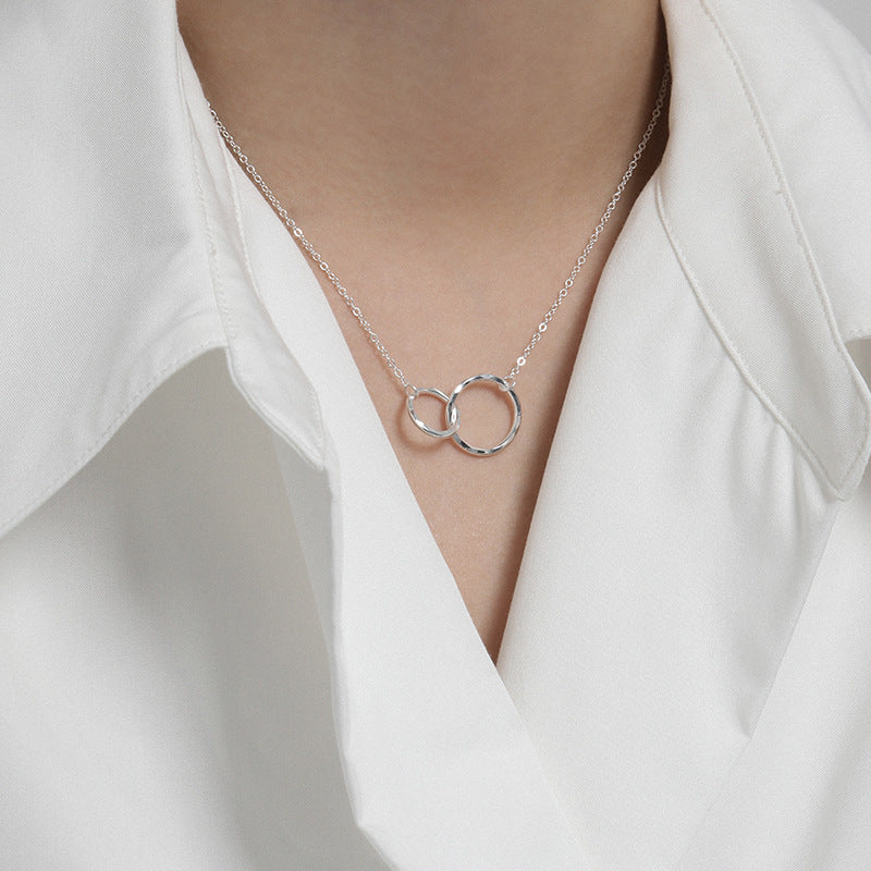 Elegant exquisite double interlocking circular ring texture S925 sterling silver necklace for women