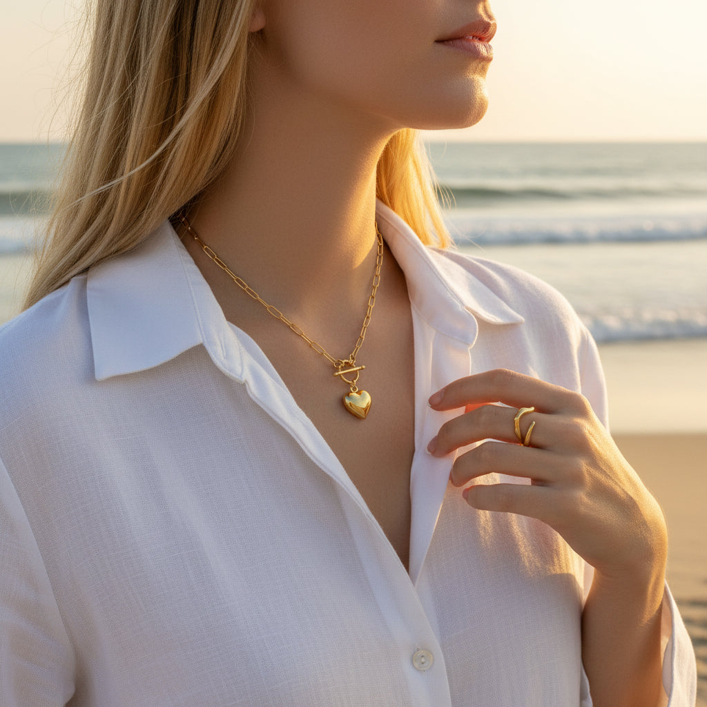 gold heart t-bar large hollow chain necklace