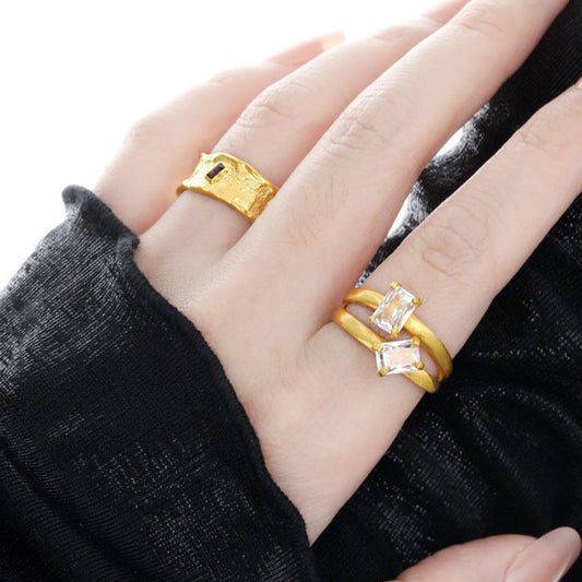 Geometry Double Layers Baguette CZ 925 Sterling Silver Adjustable Ring