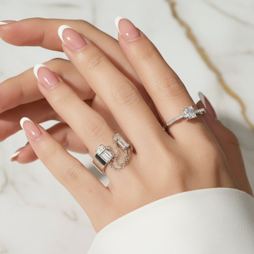 chunky solid silver with white diamonds and chains ring, lalors jewellery