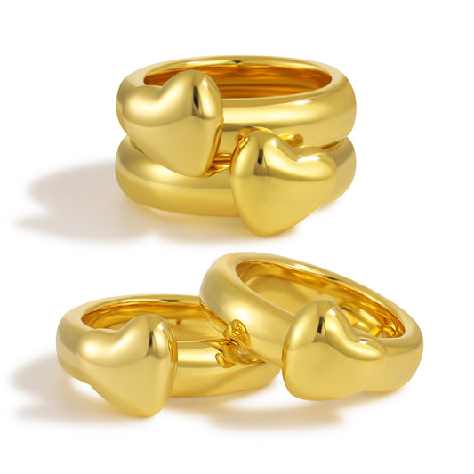 999 Sterling Silver Golden Double Layer Girl Elegant Heart Stacking Rings