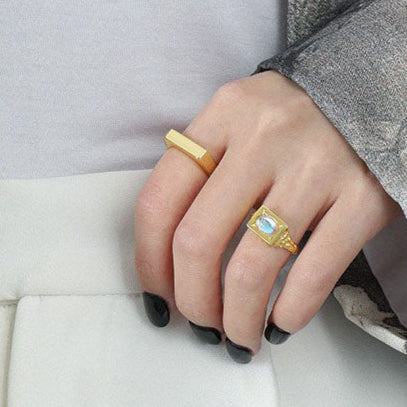 Oval  Moonstone Geometry Rectangle 925 Sterling Silver Adjustable Ring