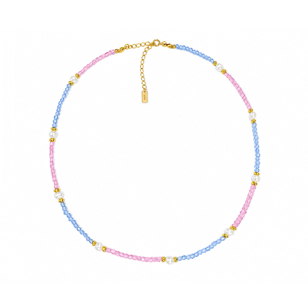 Pink & Blue Cubic Zirconia Pearl Beaded Necklace