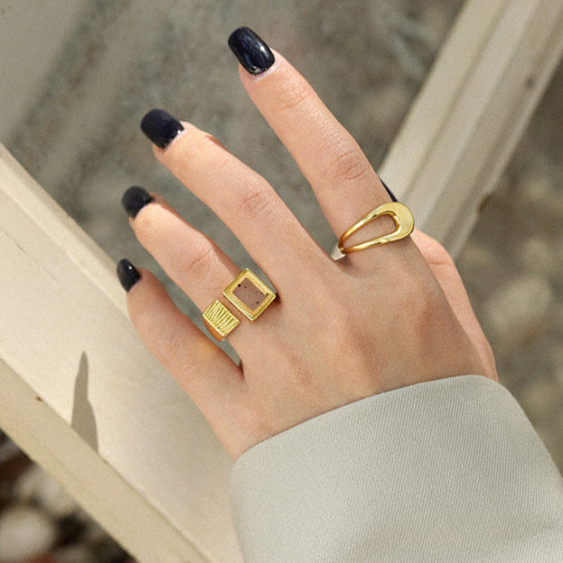 Statement Square Natural Agate 925 Sterling Silver Adjustable Ring