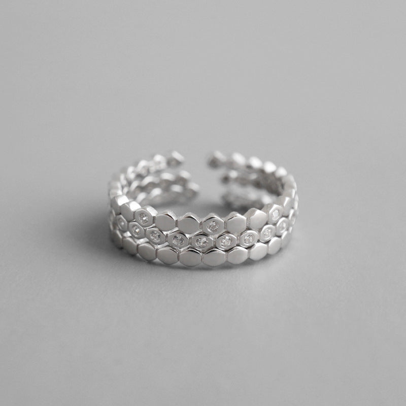 Three layer CZ Hive 925 Sterling Silver Adjustable Stacker Ring