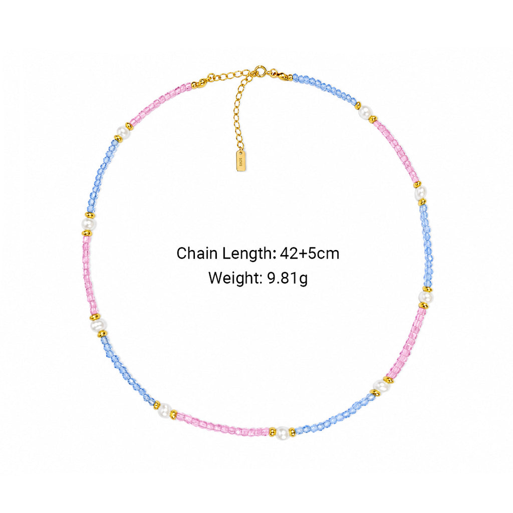 Pink & Blue Cubic Zirconia Pearl Beaded Necklace