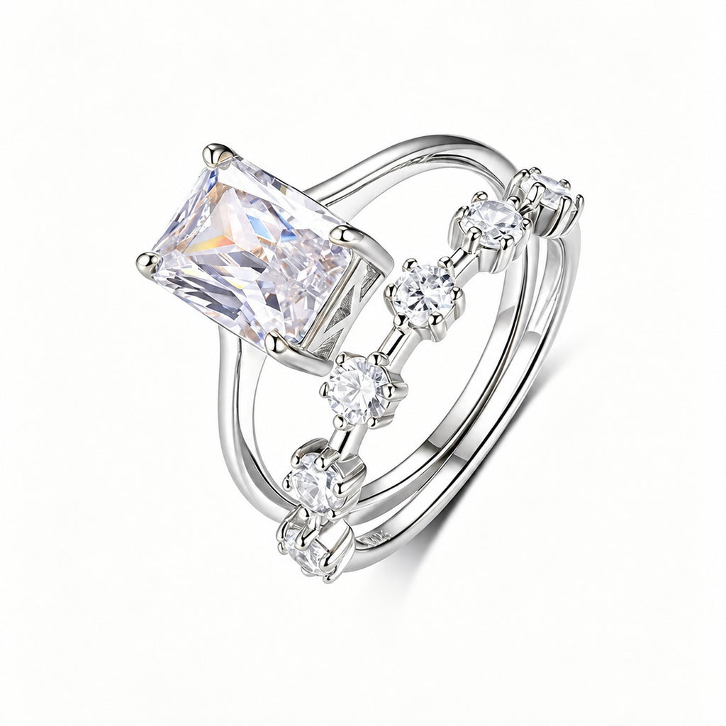 White Gold Or Yellow Gold Moissanite Emerald Cut Rectangular Geometric Stackable Two Piece Ring Set, Elegant Modern Fashion Jewelry Gift