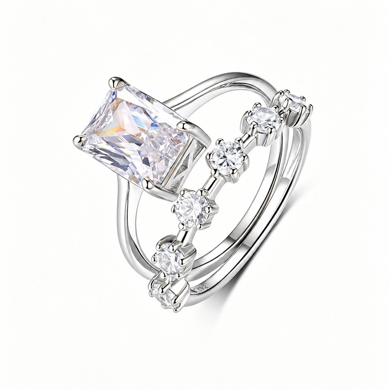 White Gold Or Yellow Gold Moissanite Emerald Cut Rectangular Geometric Stackable Two Piece Ring Set, Elegant Modern Fashion Jewelry Gift