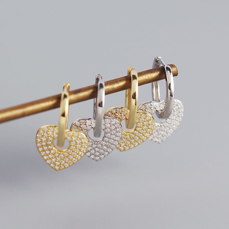Women CZ Heart 925 Sterling Silver Hoop Earrings