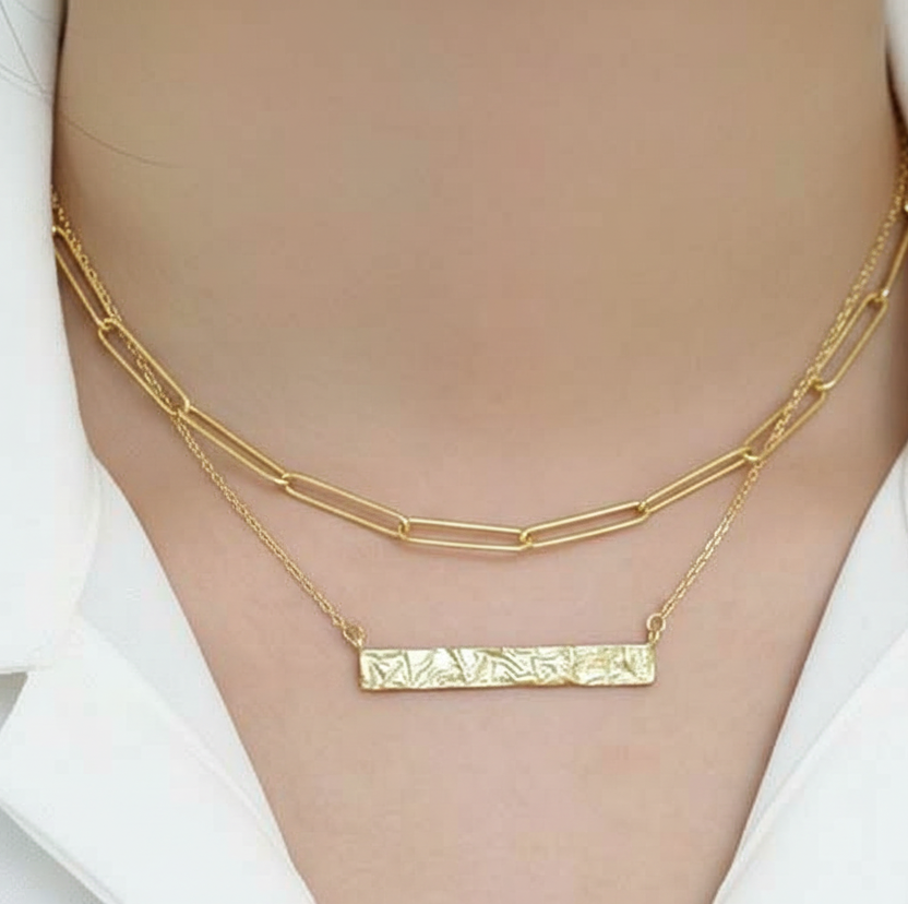 Hammered Rectangle Tag Bar 925 Sterling Silver Necklace, 18k gold/Rhodium