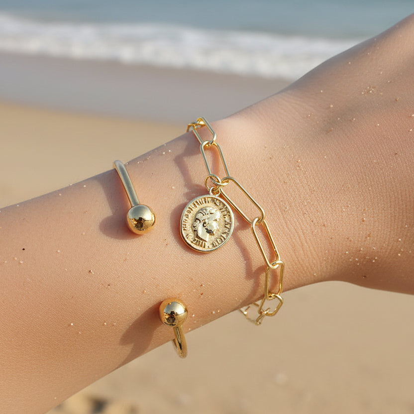 Stunning Gold Beads 925 Sterling Silver Open Bangle