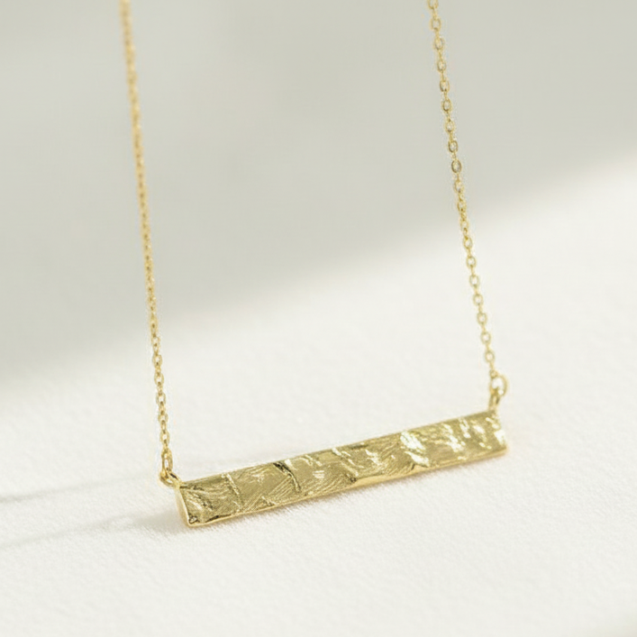 Hammered gold tag bar necklace