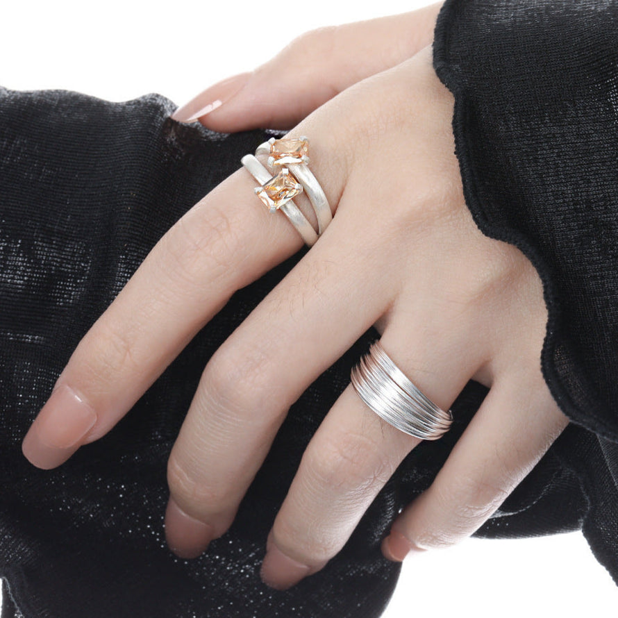 Geometry Double Layers Baguette CZ 925 Sterling Silver Adjustable Ring