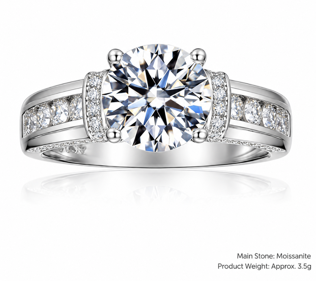 A radiant cut moissanite engagement ring with a brilliant silver-colored band accented by small pavé diamonds, shown on a white background with a faint reflection. Text in the bottom right corner reads 'Main Stone: Moissanite Product Weight: Approx.