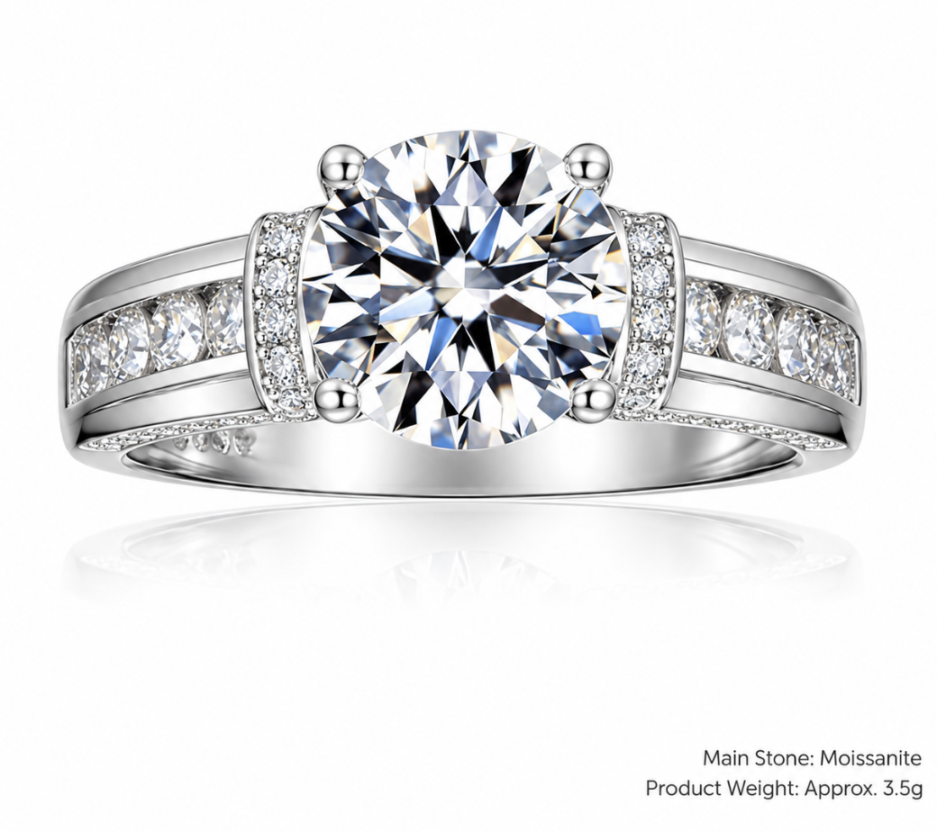 A radiant cut moissanite engagement ring with a brilliant silver-colored band accented by small pavé diamonds, shown on a white background with a faint reflection. Text in the bottom right corner reads 'Main Stone: Moissanite Product Weight: Approx.