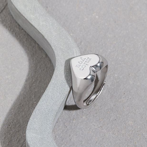 Miss You Letters Heart 925 Sterling Silver Wide Adjustable Ring