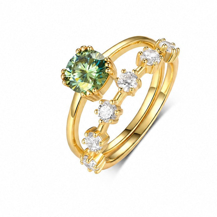 White Gold, Yellow Gold, Blue Green Round Moissanite Curved Row Stack Ring, Double Band Elegant Modern Fashion Jewellery