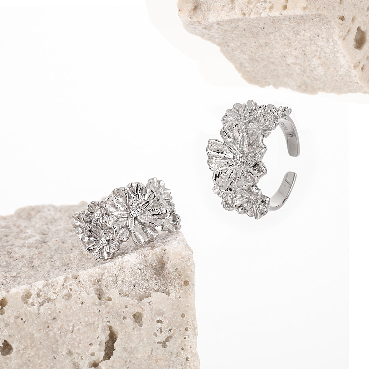 Beautiful 925 Sterling Silver CZ Flowers Adjustable Ring for her