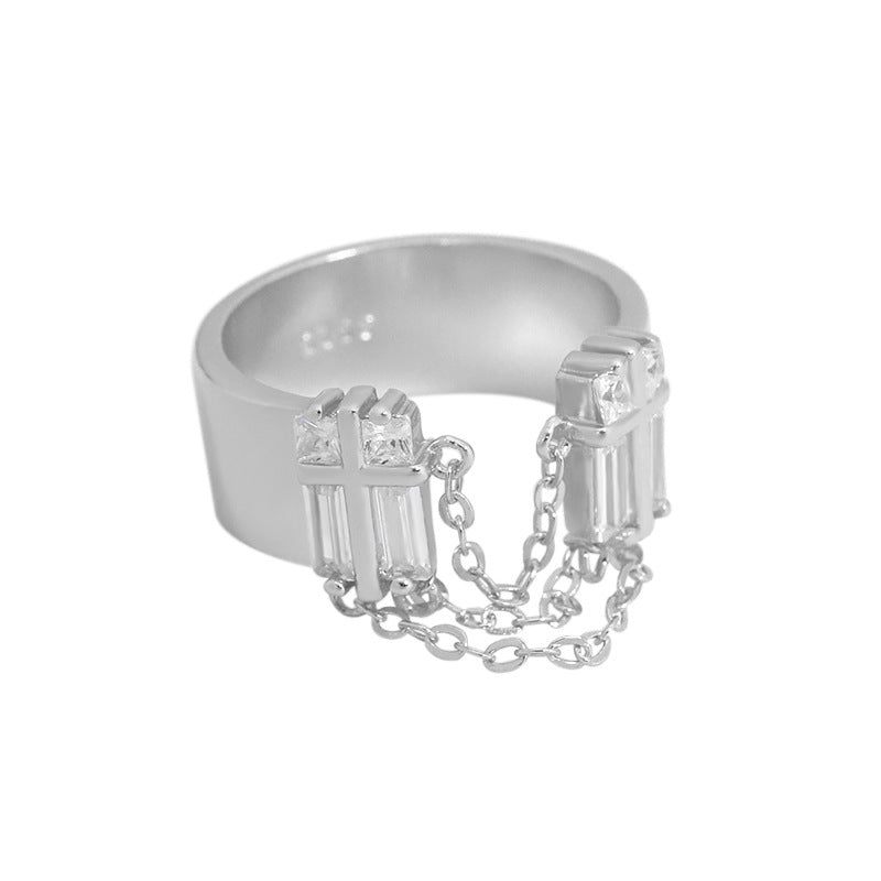 Unique Chunky Chain Tassels with Cubic Zirconia Stone 925 Sterling Silver Adjustable Ring