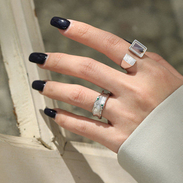 Statement Square Natural Agate 925 Sterling Silver Adjustable Ring