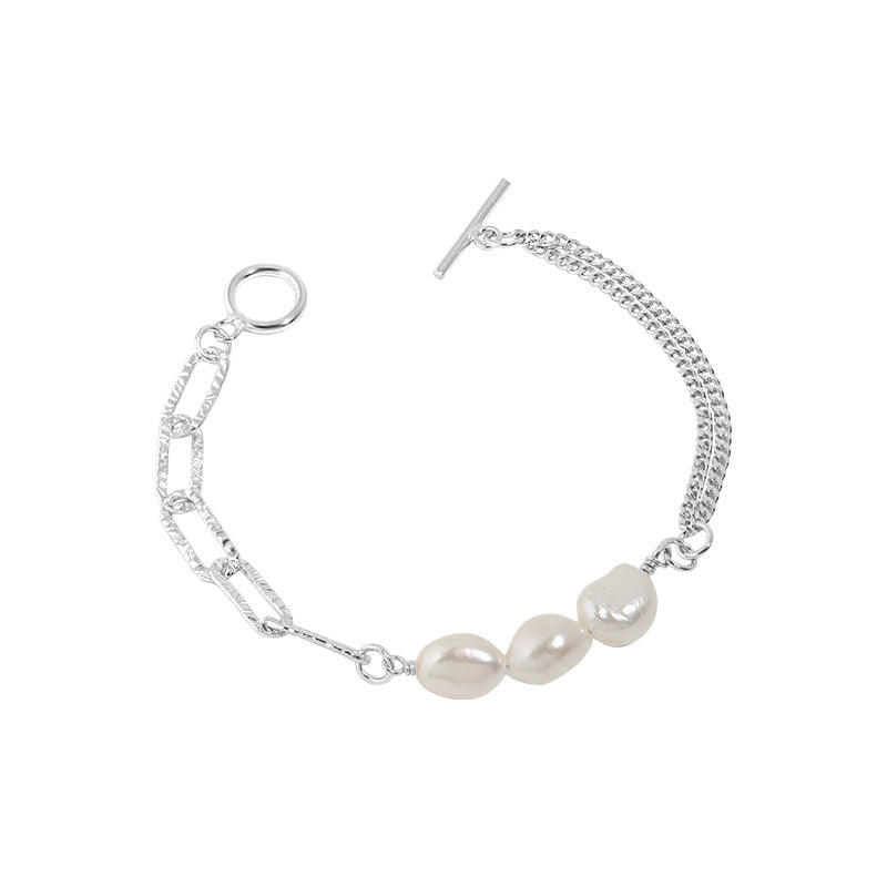 Hollow Chain Baroque Natural Pearl 925 Sterling Silver Bracelet