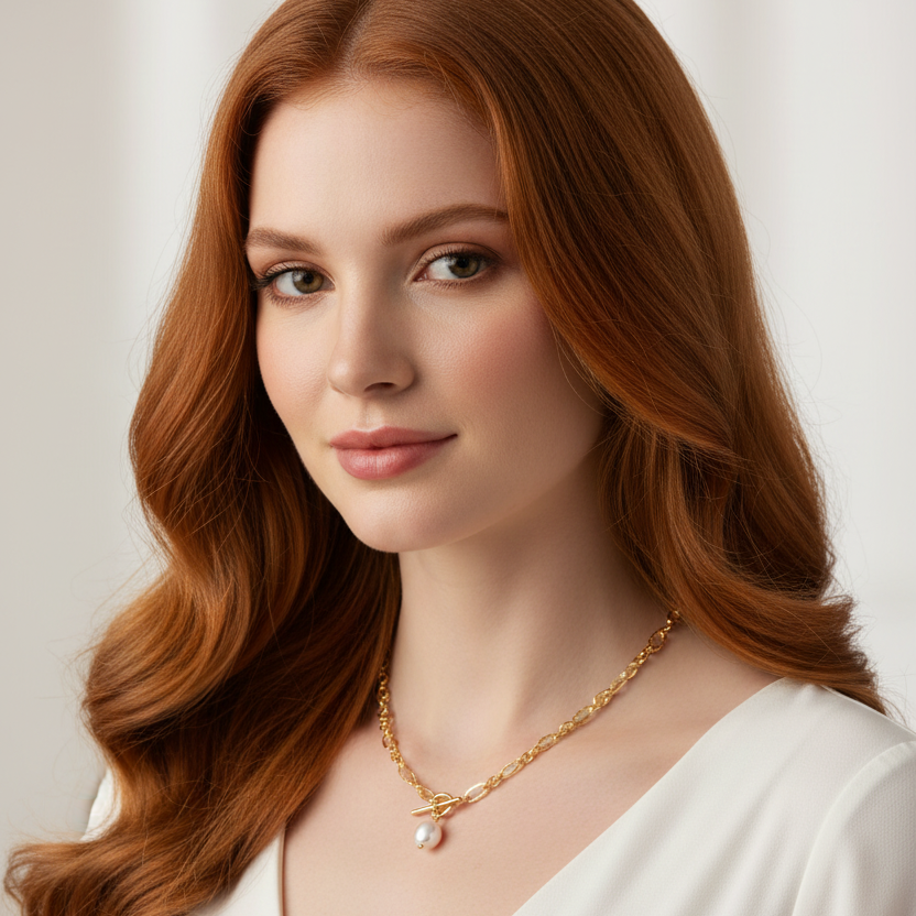 A gold-colored necklace with a hollow wave oval chain design and a natural pearl pendant at the bottom.