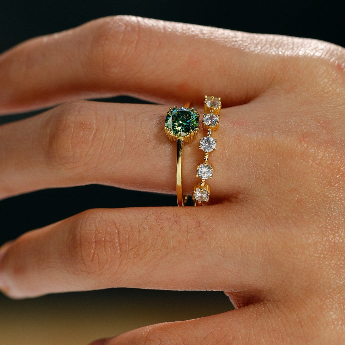 White Gold, Yellow Gold, Blue Green Round Moissanite Curved Row Stack Ring, Double Band Elegant Modern Fashion Jewellery