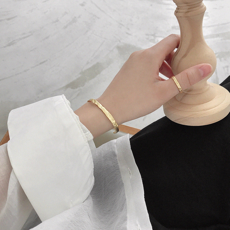 925 Sterling Silver Concave Open Bangle - Rhodium/18K Yellow Gold Plated