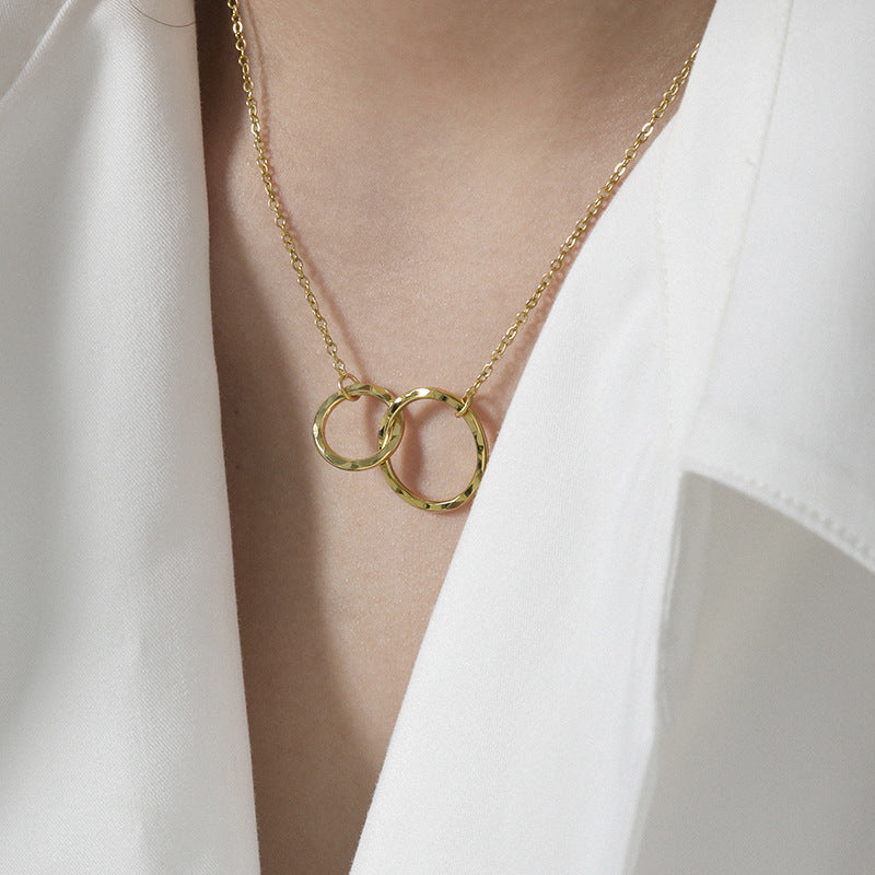 Elegant exquisite double interlocking circular ring texture S925 sterling silver necklace for women