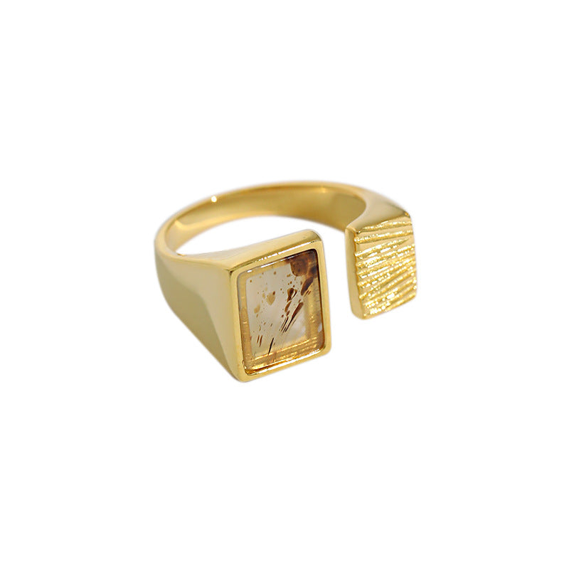 Statement Square Natural Agate 925 Sterling Silver Adjustable Ring