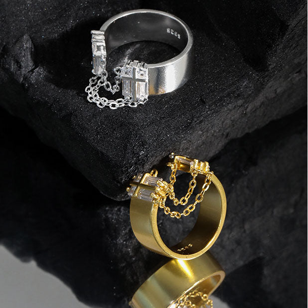 Unique Chunky Chain Tassels with Cubic Zirconia Stone 925 Sterling Silver Adjustable Ring