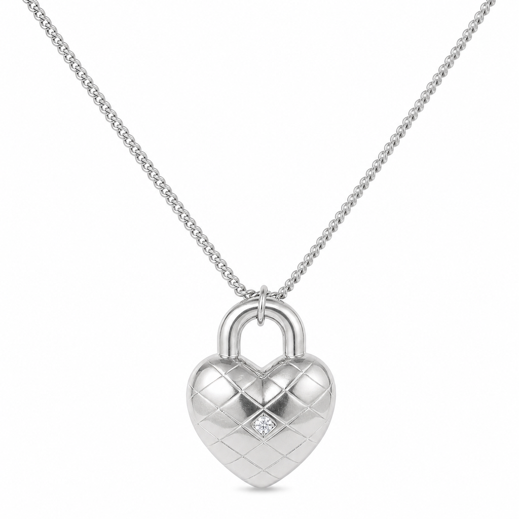 Heart Shaped Padlock With Cubic Zirconia Stones  925 Sterling Silver Necklace