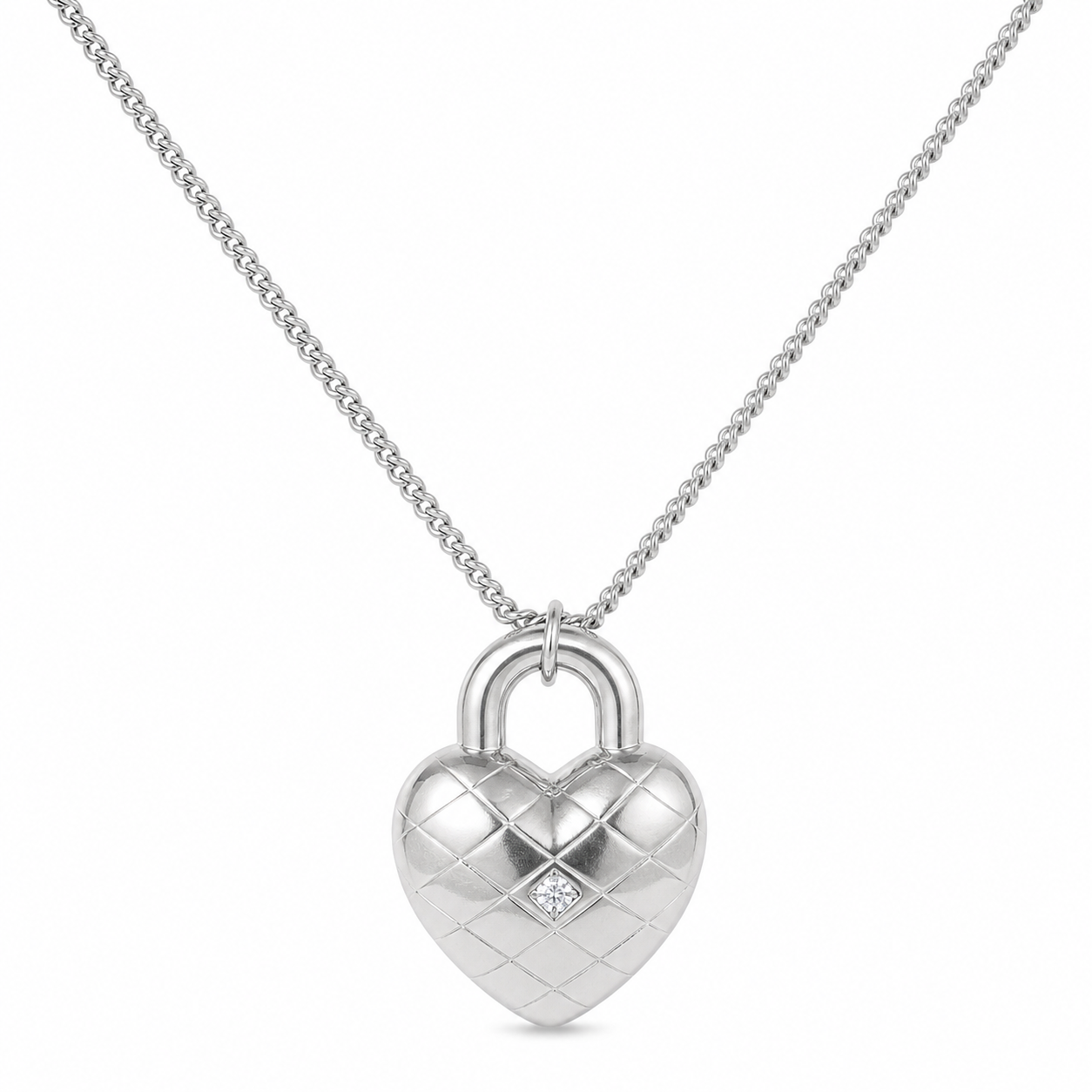 Heart Shaped Padlock With Cubic Zirconia Stones  925 Sterling Silver Necklace