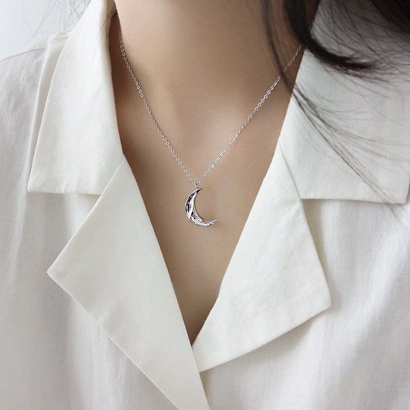 Minimalist Hammered Irregular Crescent Moon 925 Sterling Silver Necklace