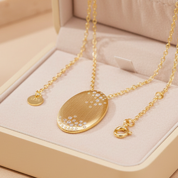 A gold oval pendant necklace with a textured brushed finish and small clear rhinestone accents, displayed on a light stone block with a matching gold tag charm.