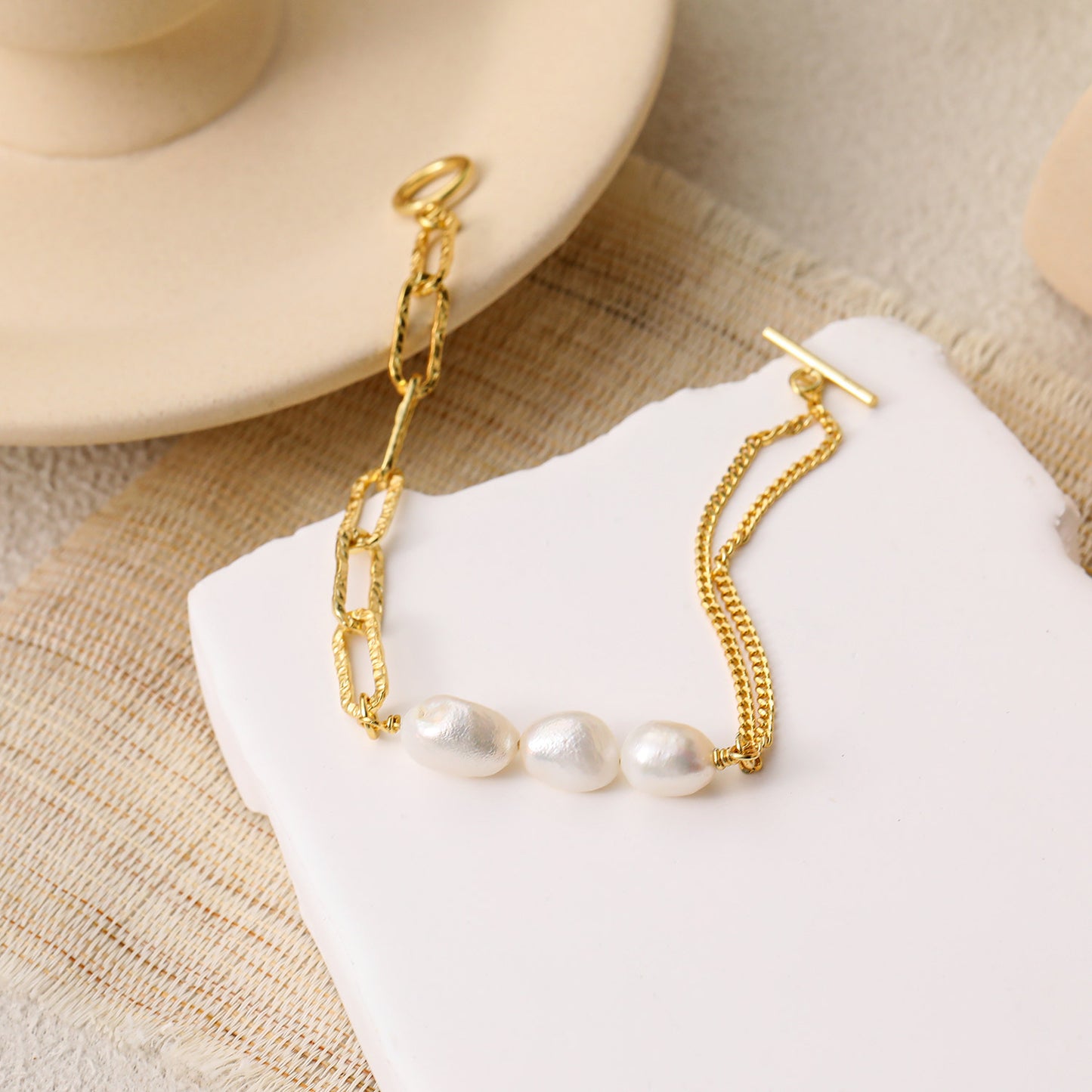 Hollow Chain Baroque Natural Pearl 925 Sterling Silver Bracelet