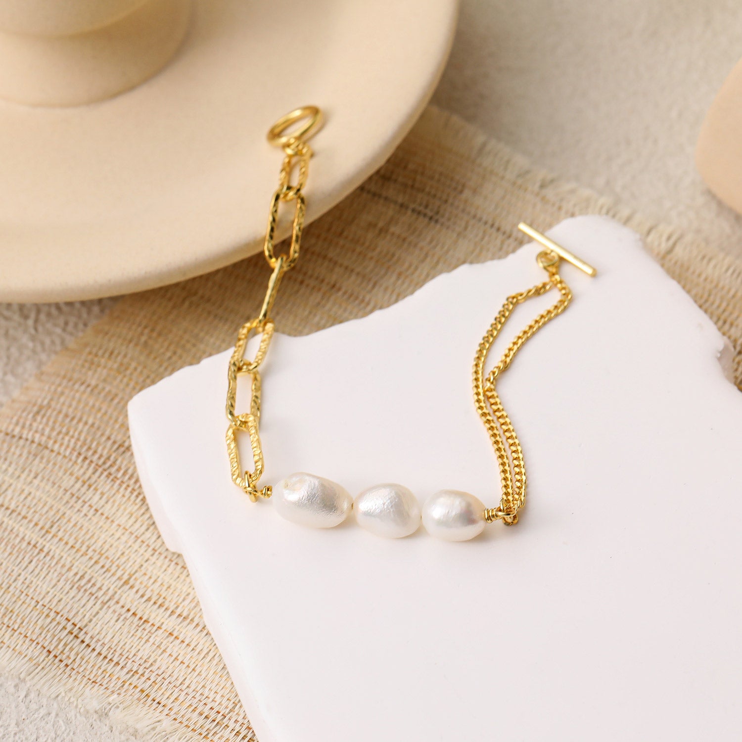 Hollow Chain Baroque Natural Pearl 925 Sterling Silver Bracelet