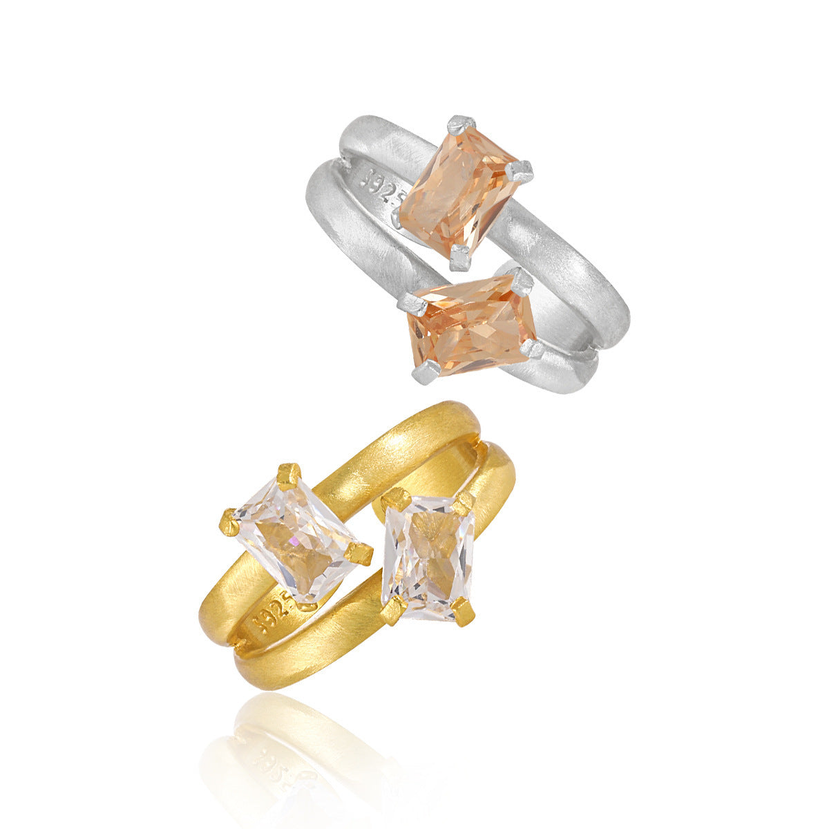 Geometry Double Layers Baguette CZ 925 Sterling Silver Adjustable Ring