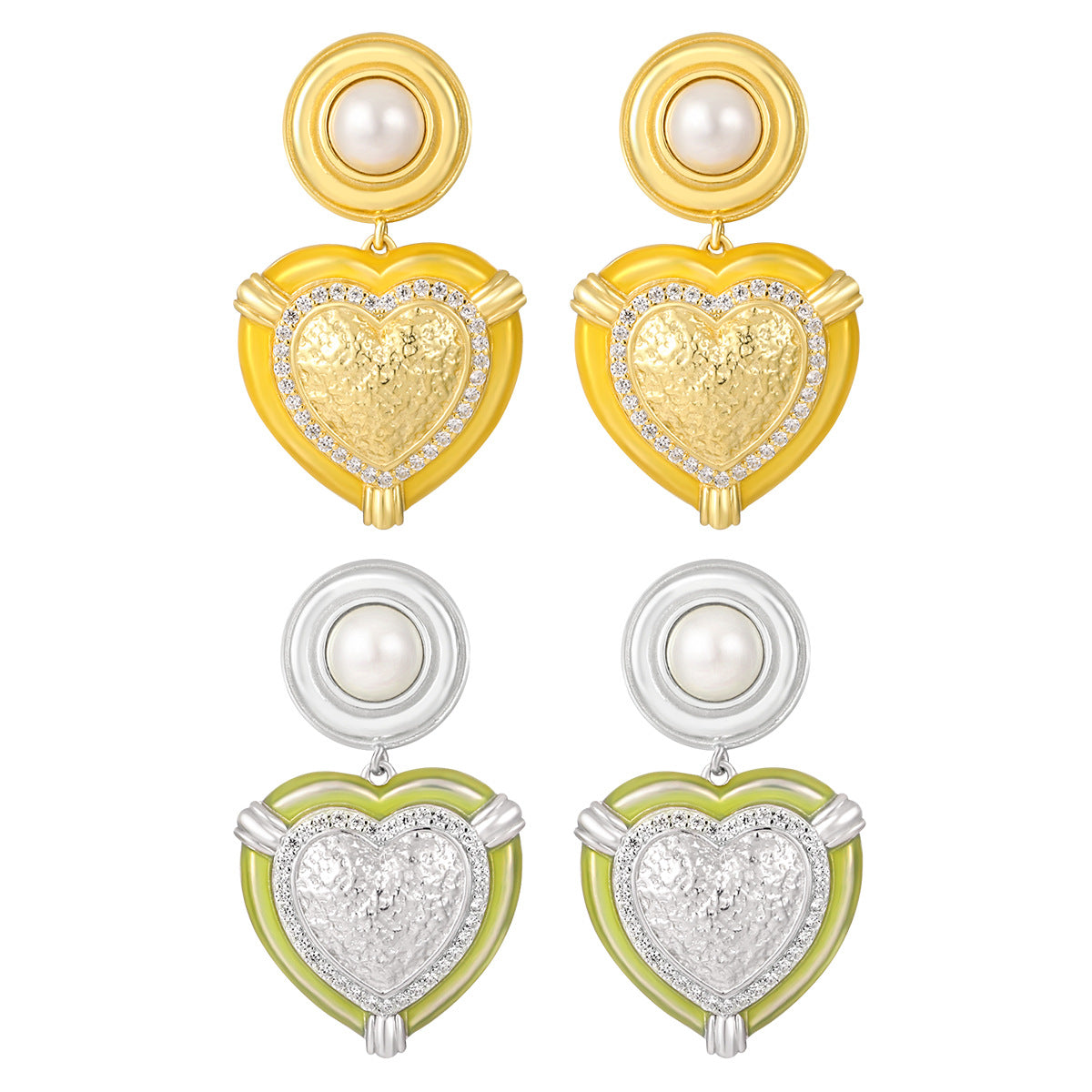 Pair of heart-shaped earrings in gold, silver, and green on a white background