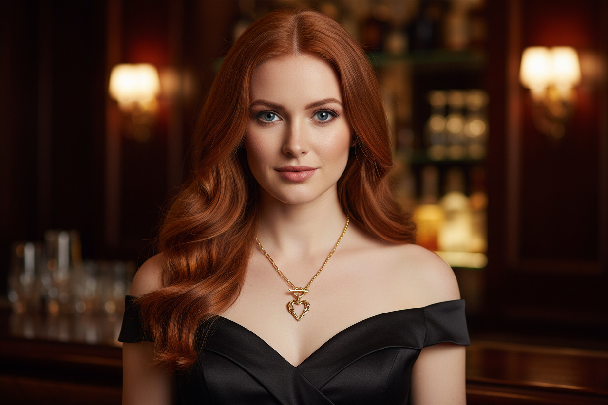 Close-up of Irish Model Wearing Office OT Irregular Heart Necklace in Hotel Bar