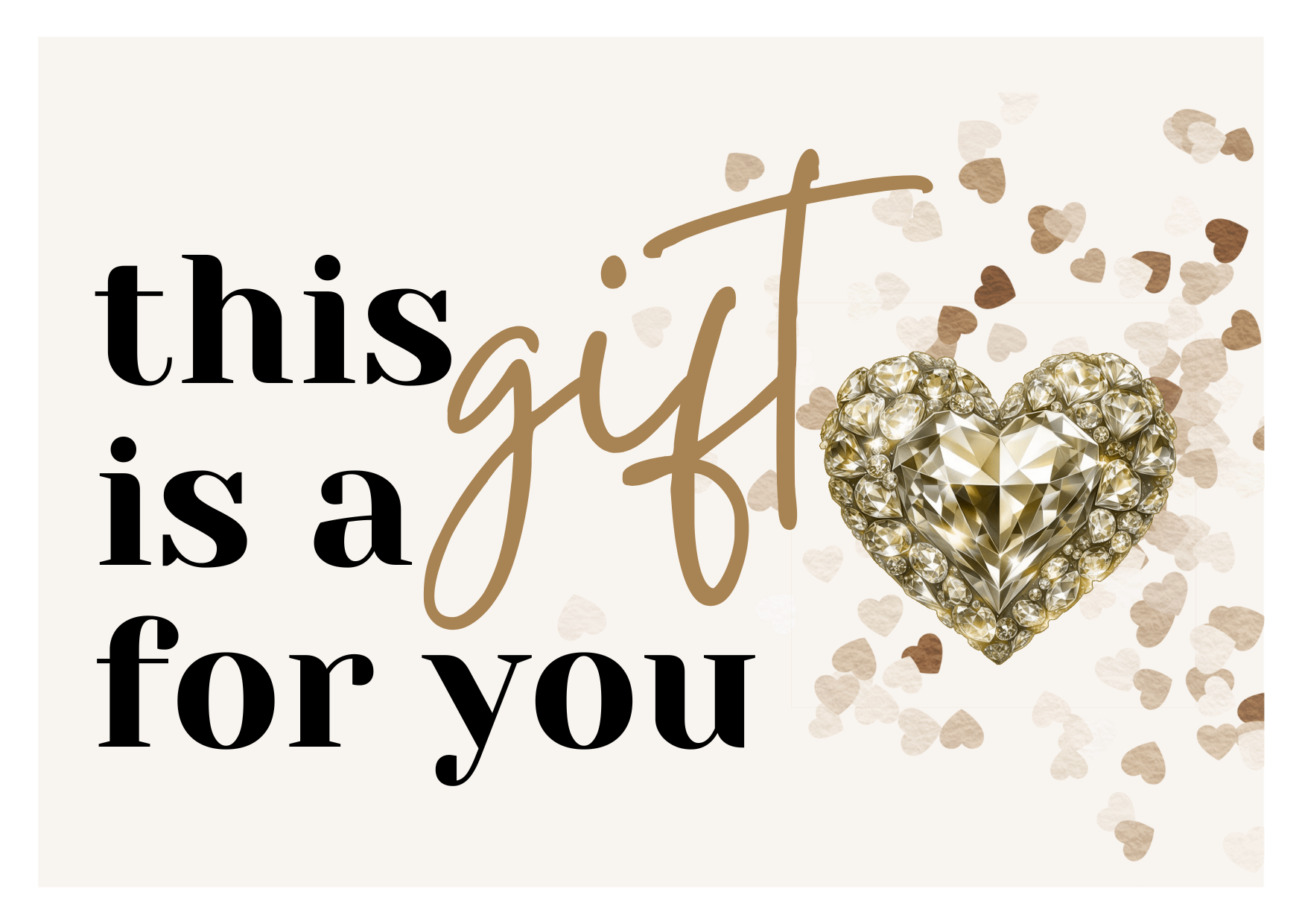 Gift tag with heart-shaped gem and 'this gift is for you' text.