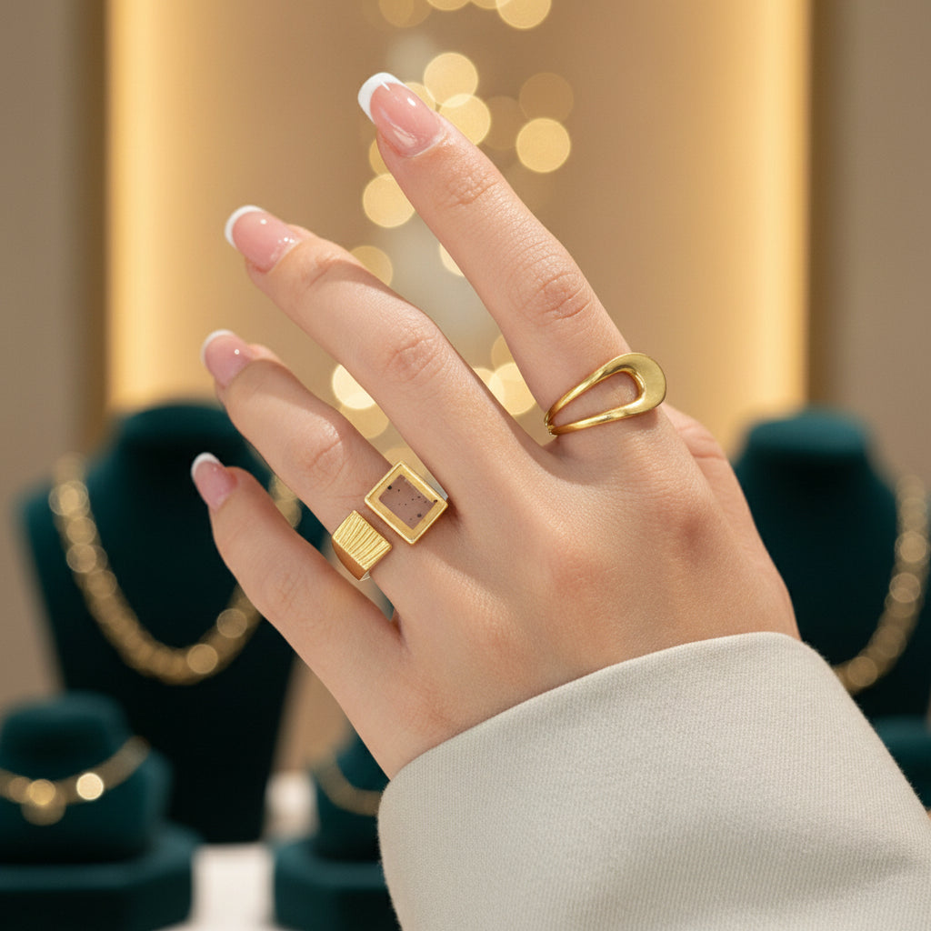 Hand wearing gold rings with blurred background