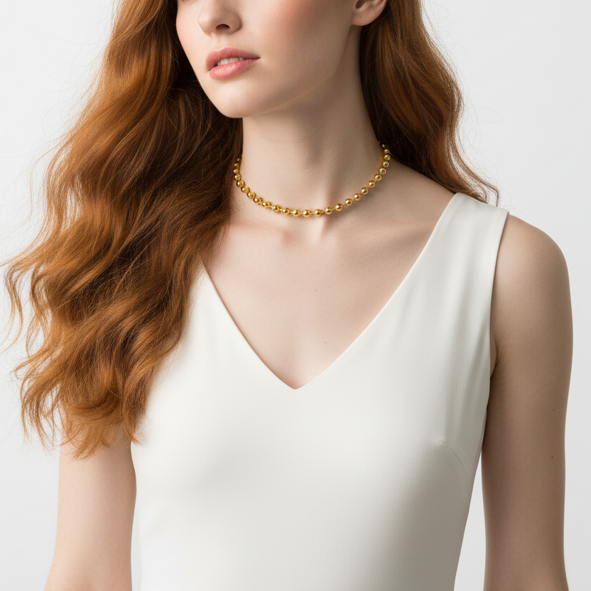 Gold beaded necklace on a white background