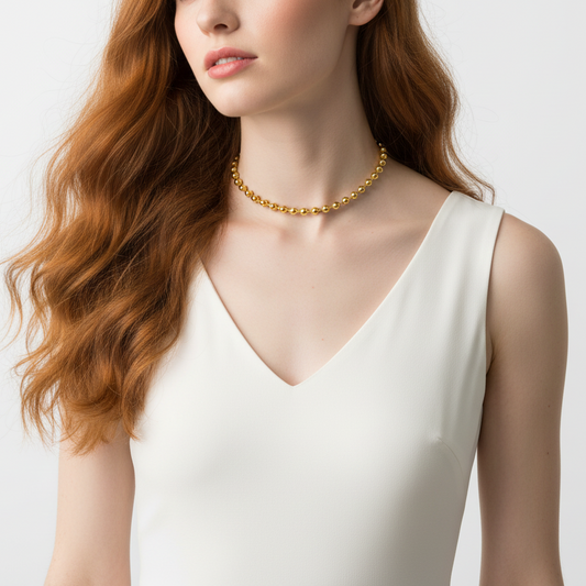 Gold beaded necklace on a white background